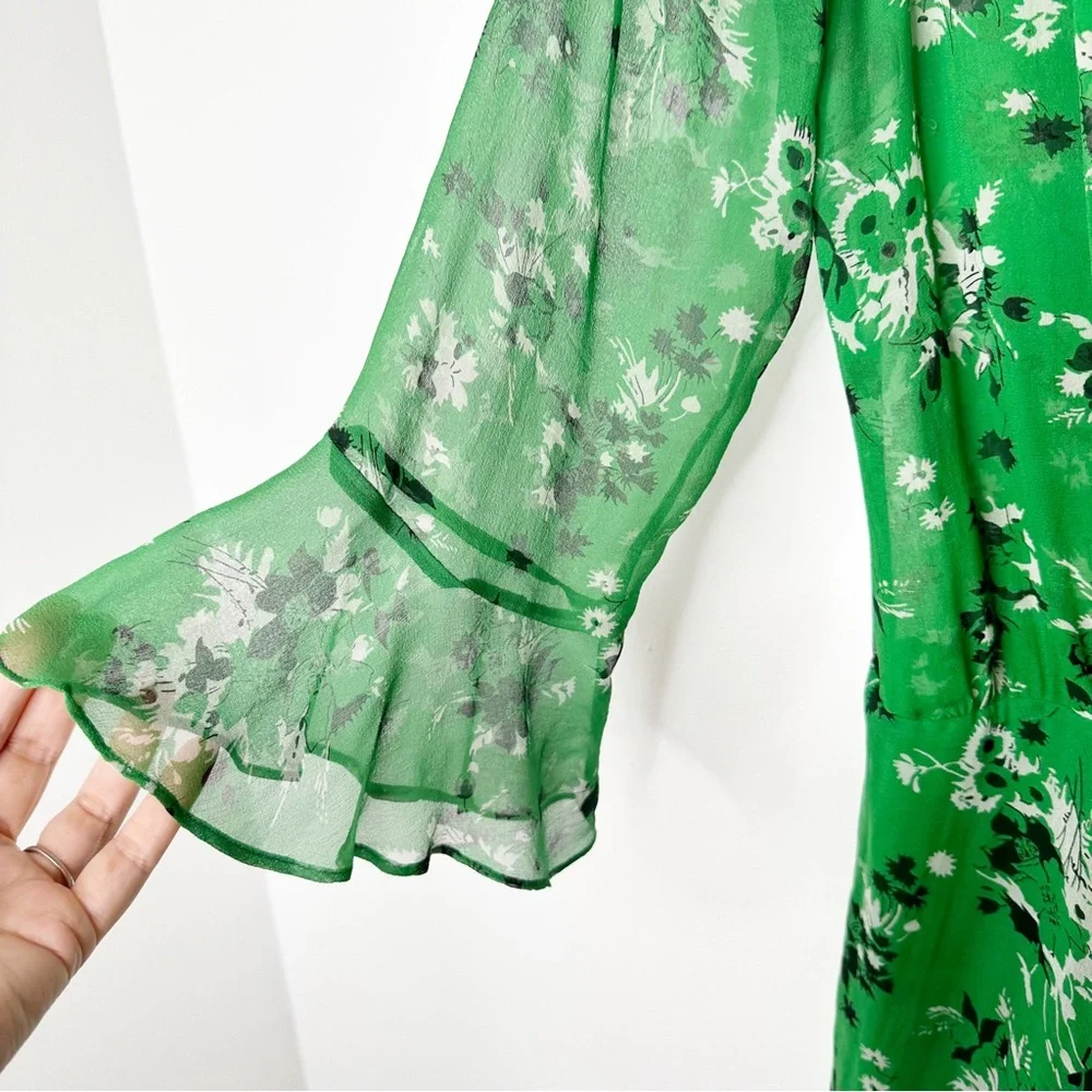 Veronica Beard Sean Floral-print Silk Dress Green Multi Ruched Bell Sleeves 8 - Picture 14 of 15